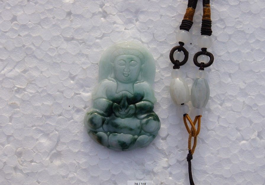 Kinesisk gammal kinesisk snidad naturlig Jade Guanyin Bodhisattva, Amulet, Halsband Hängsmycke.