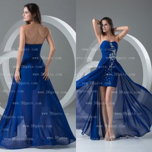 Prawdziwa próbka Royal Blue Color Hi Lo Szyfonowe Bez Ramiączek Frezowanie Moda Prom Cocktail Dress CK052