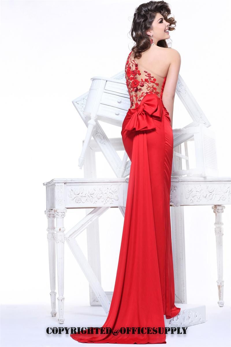 2013 Red One Shoulder Mermaid Prom Dresses Formal Gown with Sheer Lace ...