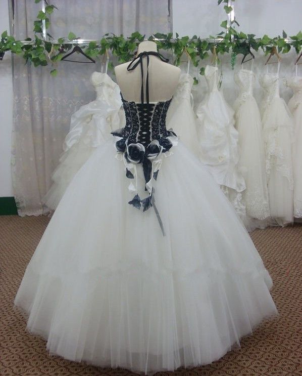 Decoration de fleur en dentelle blanche et noire sur mesure Robe longue robe à balle en tulle robe formelle de bal 214h