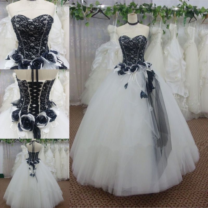 Custom Made White And Black Lace Flower Decoration Tulle Ball Gown Long Dress For Prom Formal Dress