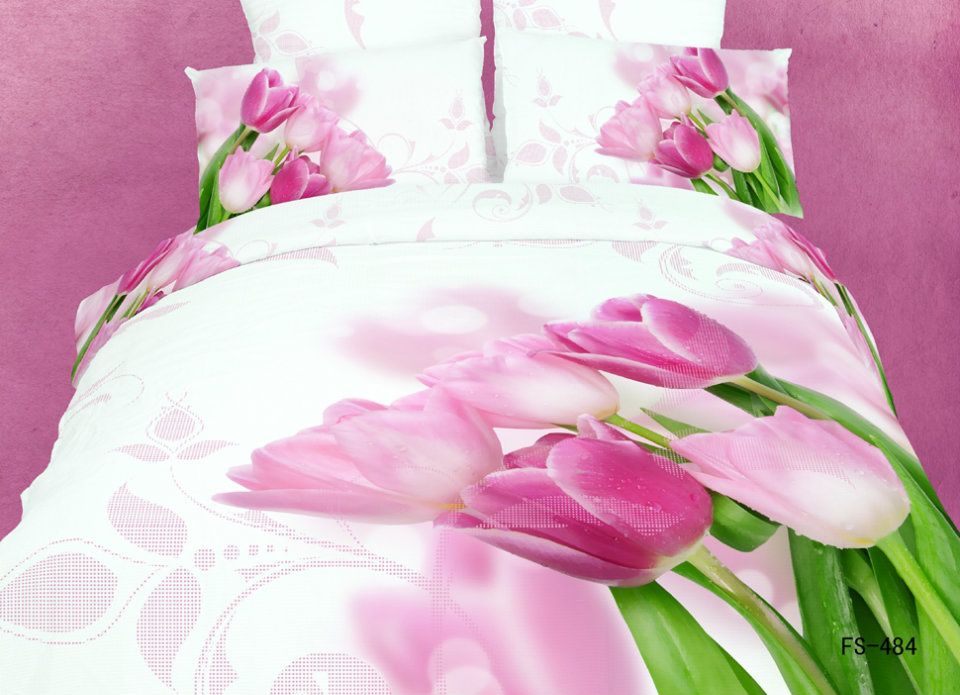 Pink Tulip Printed 100 Cotton Comforter Set Queen Size Bedding Set