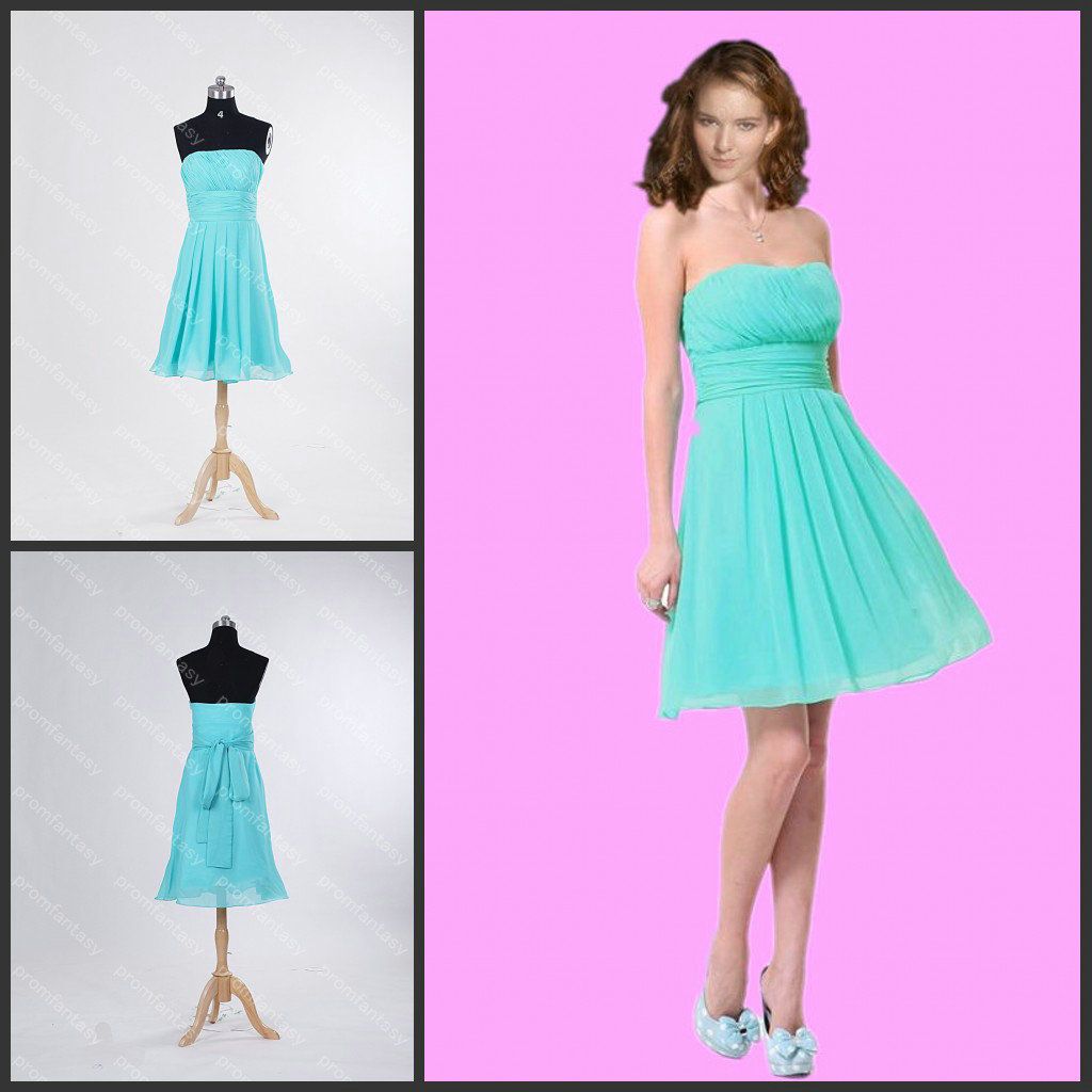 2016 Real Photos Strapless Aqua Bridal Party Dresses Short Chiffon A