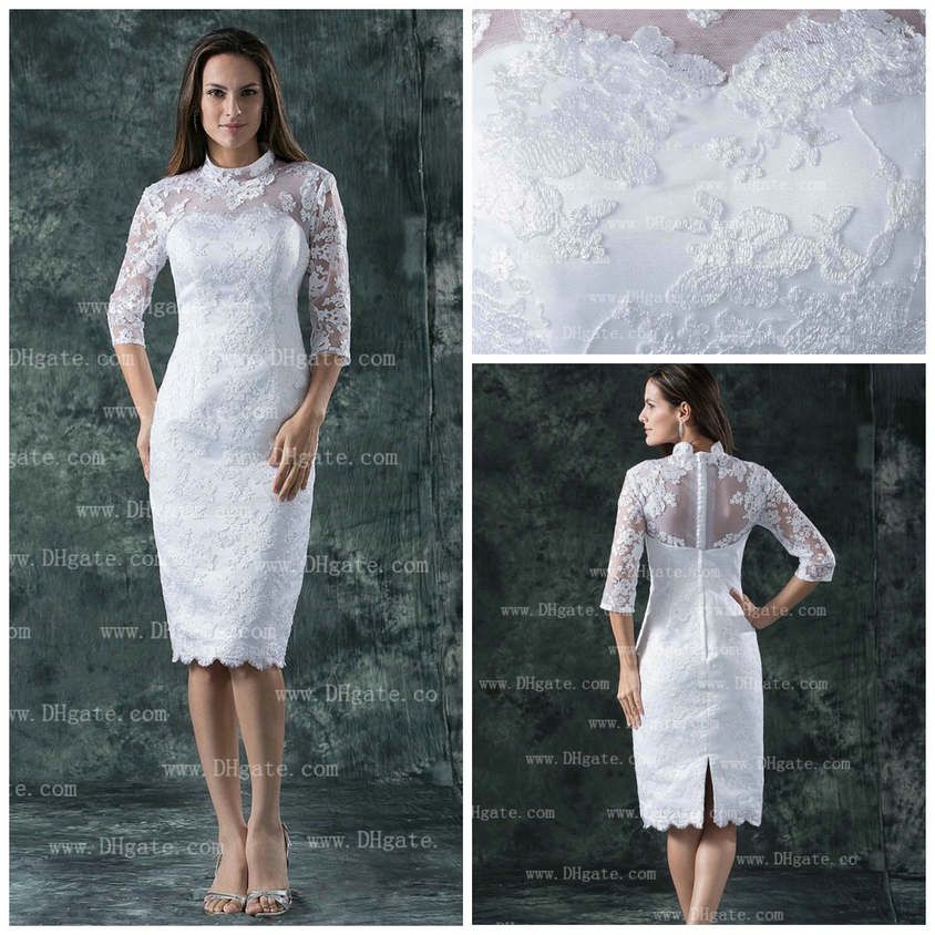 Knee Length 2016 White Lace Wedding Dresses With 3/4 Long