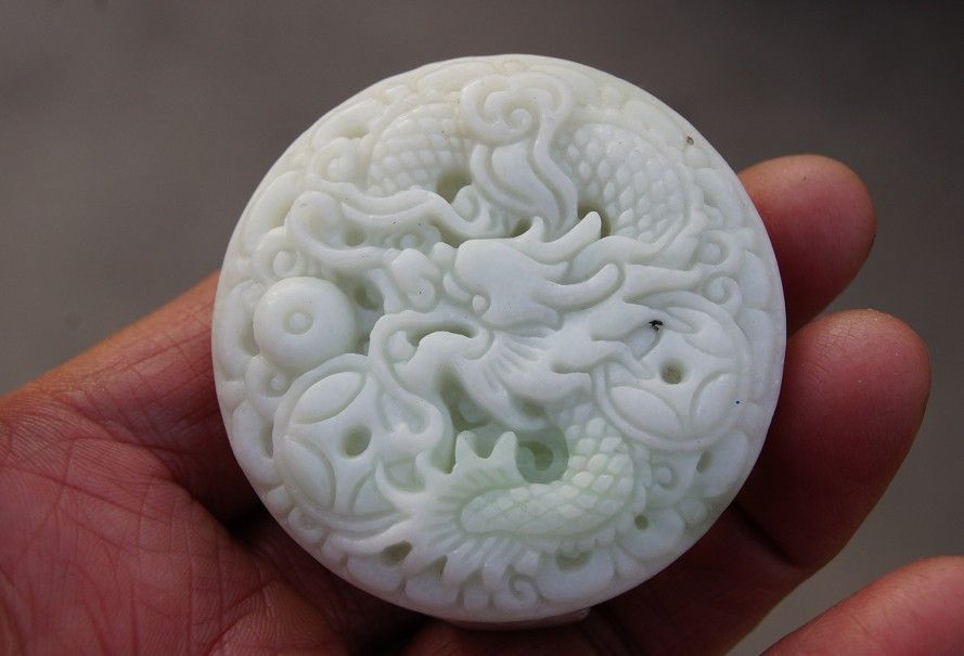 Natural white jade, hand-carved jade waist buckle, belt buckle, amulets money Long 50x24mm