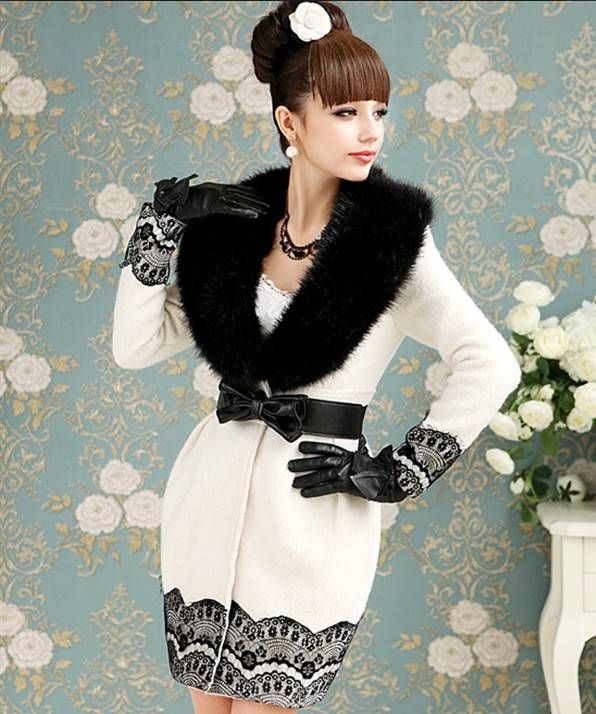 Autumn Winter White With Black Fur Collar Lace Tulip Thick Wool Coat ...