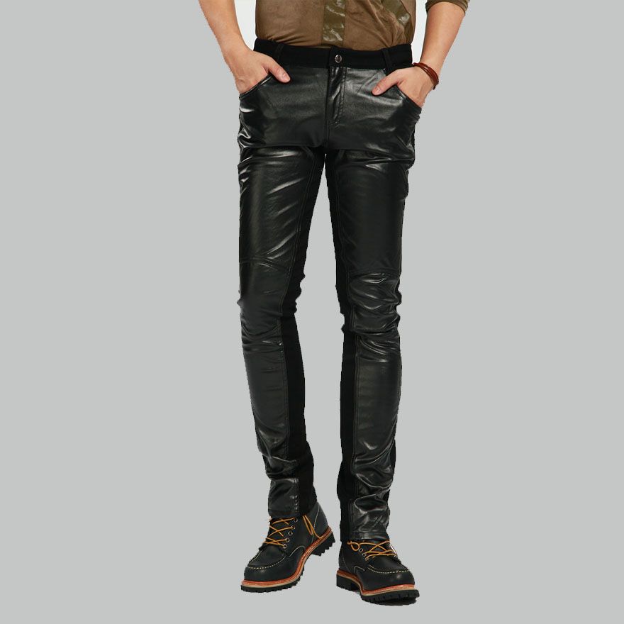 Mens Fashion Faux Leather Trousers Sexy Skinny Patchwork Leather Long
