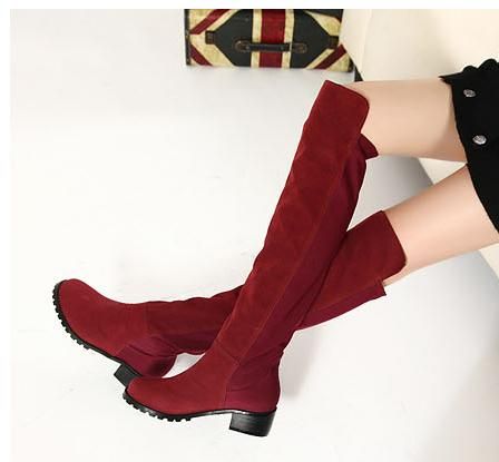 red thigh high boots low heel