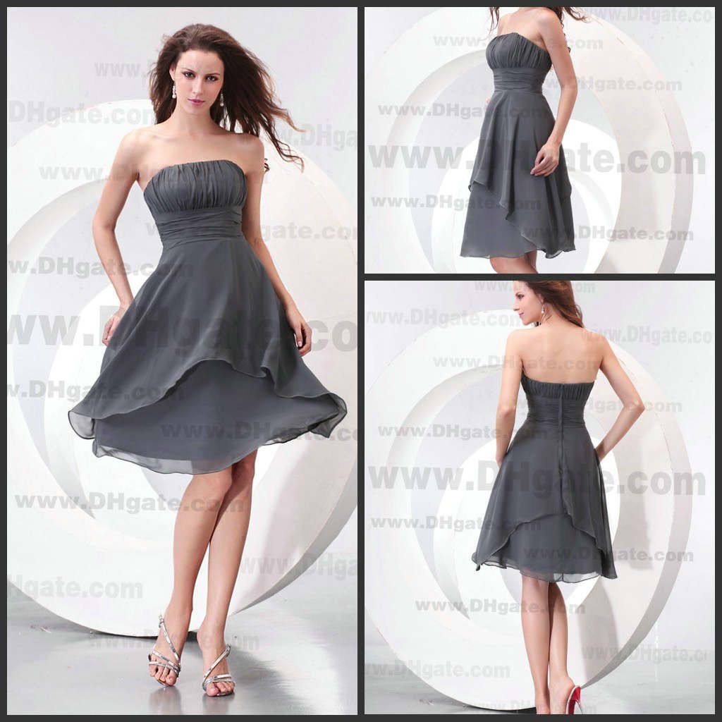 gris de la gasa de los vestidos cortos de dama de honor A-Line Strapless  longitud