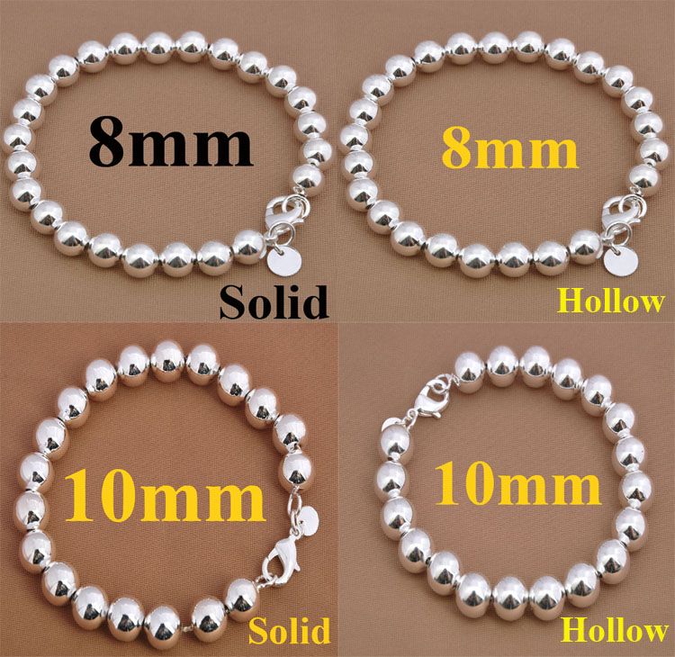 Noble Women's jewelry 925 Silver 8mm/10mm Solid/Hollow Ball Beads Bracelet 10pcs 8.0inch Hot