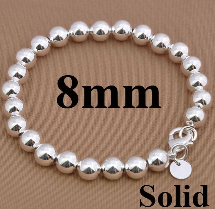 Noble Women's jewelry 925 Silver 8mm/10mm Solid/Hollow Ball Beads Bracelet 8.0inch Hot