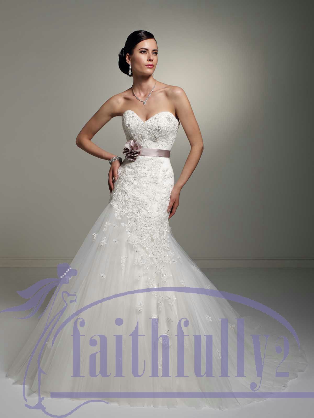 DiscountSweetheart A Line Lace Beaded Wedding Dress With Coral Flower