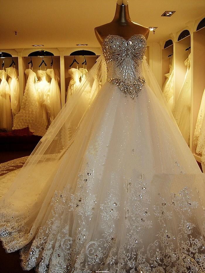 Luxury Crystals Cathedral Train Wedding Dress Ball Gown Sweetheart
