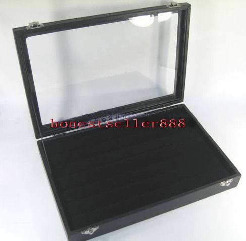 BLACK GLASS TOP RING DISPLAY CASE BOX TRAY SHOWCASE
