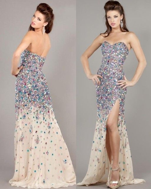 2015 Hot Best Fashion Nude Strapless High Slit Crystals