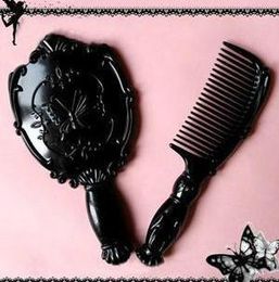 Vintage Butterfly pattern Cosmetic Mirror Plastic Makeup Set(Mirror & Comb )Black 20set(40pcs)/LOT#M392
