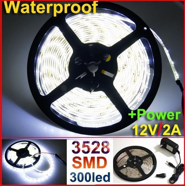 12v IP65 Waterproof 5M 300LED 3528 SMD Flexible LED Strip Light Lamp White 60led/m + power supply