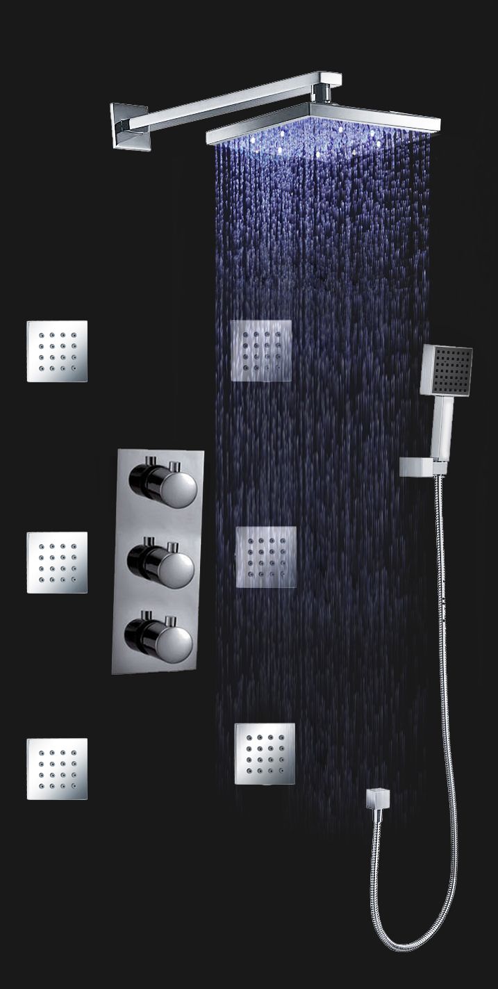 Conjunto de grifos de ducha de baño Válvula mezcladora termostática 10 pulgadas LED 3 colores lluvia ducha cabeza jets 007-10-2