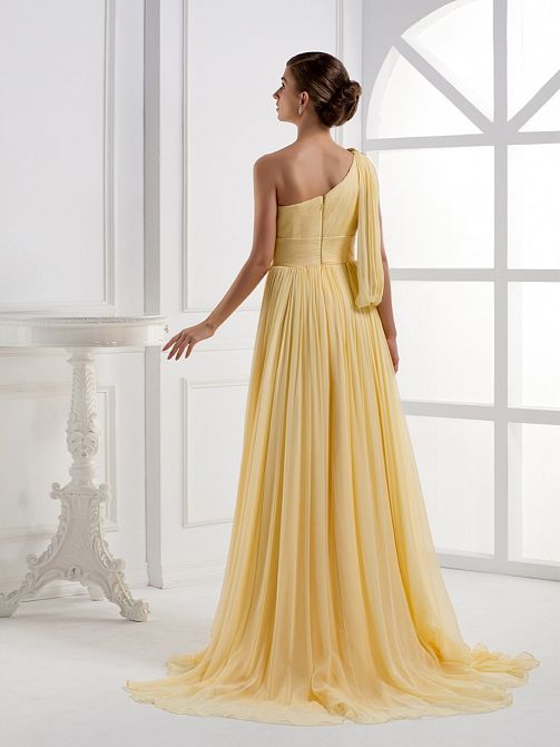 Simple Style One Shoulder A Line Floor Length Yellow Gold Chiffon ...