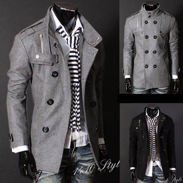 Black/Grey Men's Wool Coat Double Breasted Shoulder Epaulets Long ...