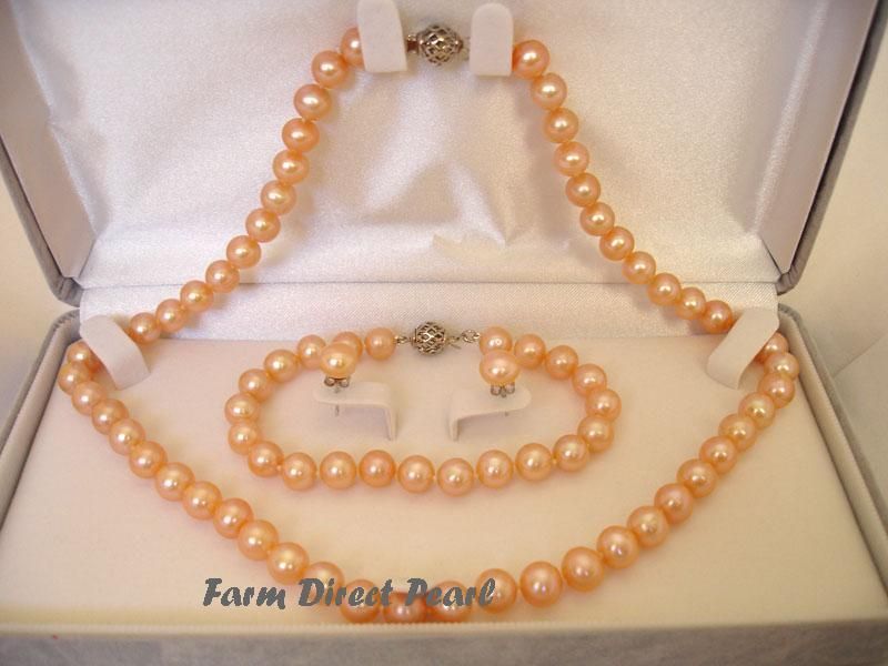 

Fine Pearl Jewelry Genuine ROUND 8-9mm Peach Pearl Necklace 3pc SET 20", Hot pink