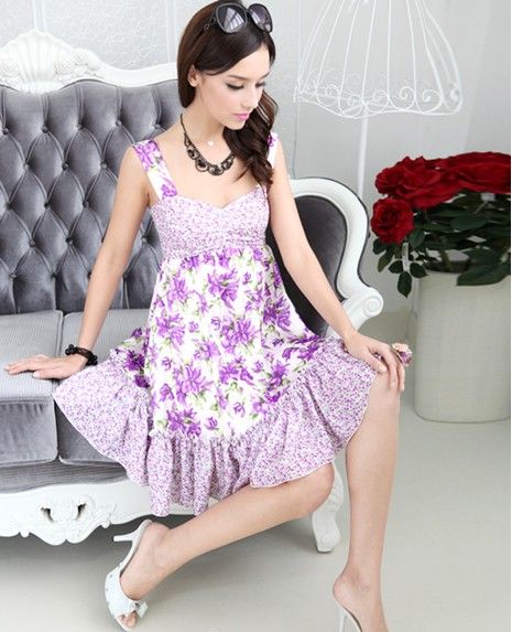 2013 Flower Purple Women Casual Dress Spring Floral Inlay Skirt Strap ...