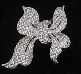 2 Inch Beautiful Silver Plated Rhinestone Crystal Large Bridal Bow Design Brooch