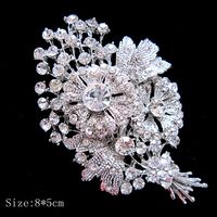 Grande banhado a prata clara rhinestone diamante cristal bando flor boutique broche