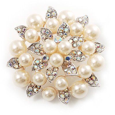 Hermosa perla plateada crema y ab Rhinestone Crystal gran flor nupcial broche