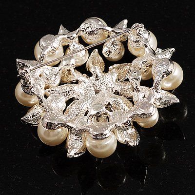 Lindo Prata Banhado Creme Pérola e AB Cristal De Strass Flor De Folha Grande Broche De Noiva