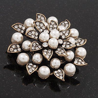 Antique Copper Plated Clear Rhinestone Crystal and Cream Pearl Leaf Flower Brooch Broos