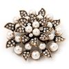 Antique Copper Plated Clear Rhinestone Crystal and Cream Pearl Leaf Flower Brooch Broos