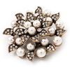 Antique Copper Plated Clear Rhinestone Crystal and Cream Pearl Leaf Flower Brooch Broos