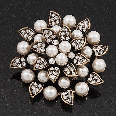 Antique Copper Plated Clear Rhinestone Crystal and Cream Pearl Leaf Flower Bridal Brooch