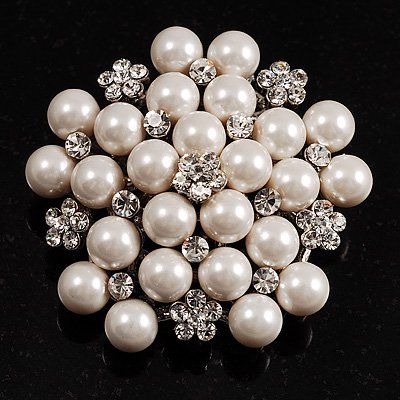 Rhodium Silver Plated Cream Imitation Pearl Cluster och Rhinestone Crystal Diamante Bridal Brosch Party Prom Pin