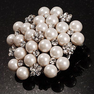 Rhodium Verzilverd Crème Imitatie Pearl Cluster en Rhinestone Crystal Diamante Bridal Brooo Party Prom Pin