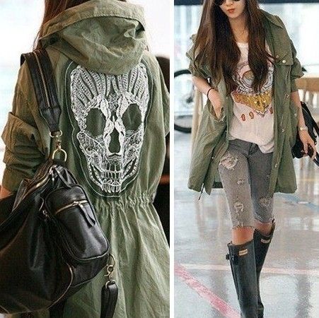 Fashion Skull Back Women Hooded Coat Military Jacket Outerwear ...
