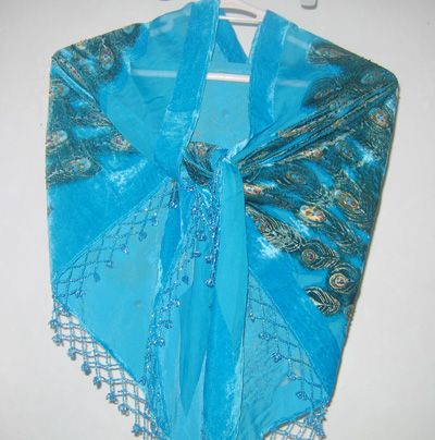 Triangle Beaded Peacock Silk Velvet Feeling Naylon Rayon Burn Out Duster Opera Shawl Scarf Wrap # 2499