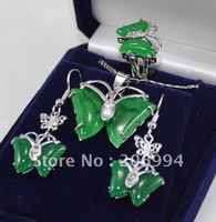 Wholesale jóias Natural Green Jade Brinco Pingente Colar Anel Set # 059 Fashion Jewelry Set
