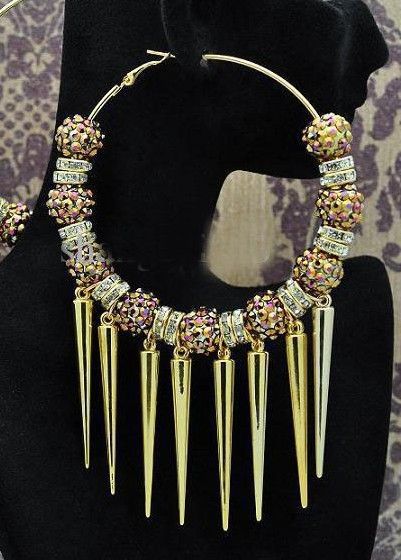 80mm Büyük Hoops Gümüş / Altın Küpe Spike kristal boncuklar küpe boncuk