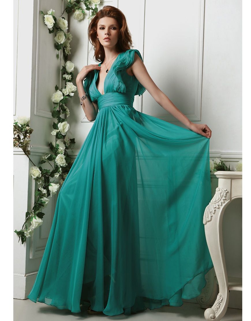 2016 New Dresses Aqua V Neck Ruffle Backless Chiffon A Line Formal ...