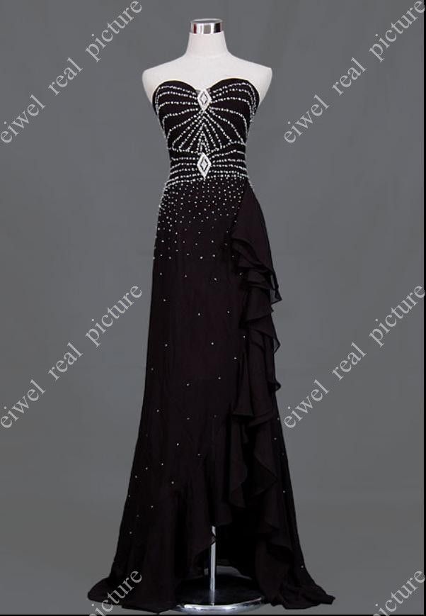 S509 Newest Black Beaded Long Length Ruffles Short Front Evening Dress In Formal