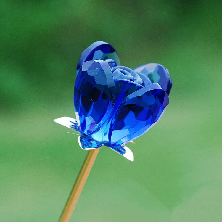 Valentines Crystal Glass Rose Flower With Long Golden Stem For Wedding