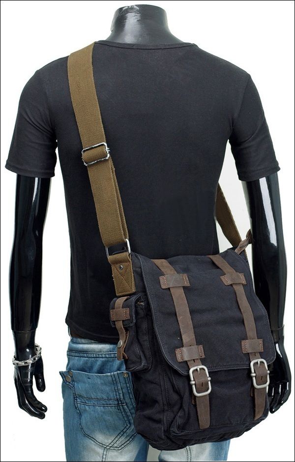 BLACK Khaki Military Vintage Mens Canvas Leather Laptop Satchel