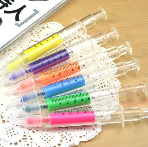 Freeship 60 stks 6 kleuren markeerstift pen lichtgevende ziekenhuis medische verpleegster spuit pennen geassorteerde kleuren