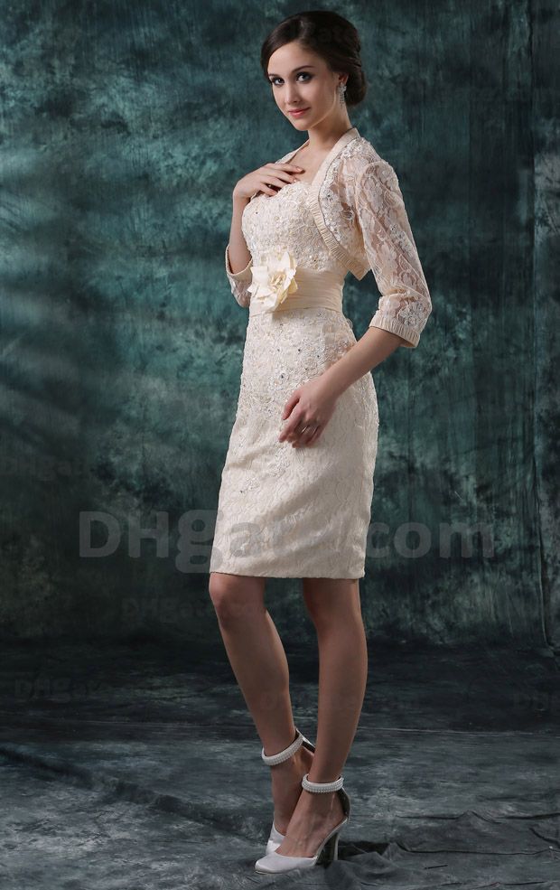 Short Ivory Lace Wedding Dress With Elbow Sleeves Jacket Sheath ...