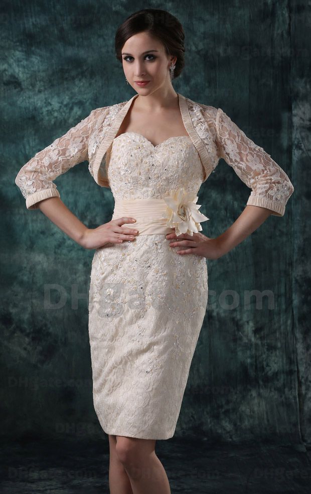 Short Ivory Lace Wedding Dress With Elbow Sleeves Jacket Sheath