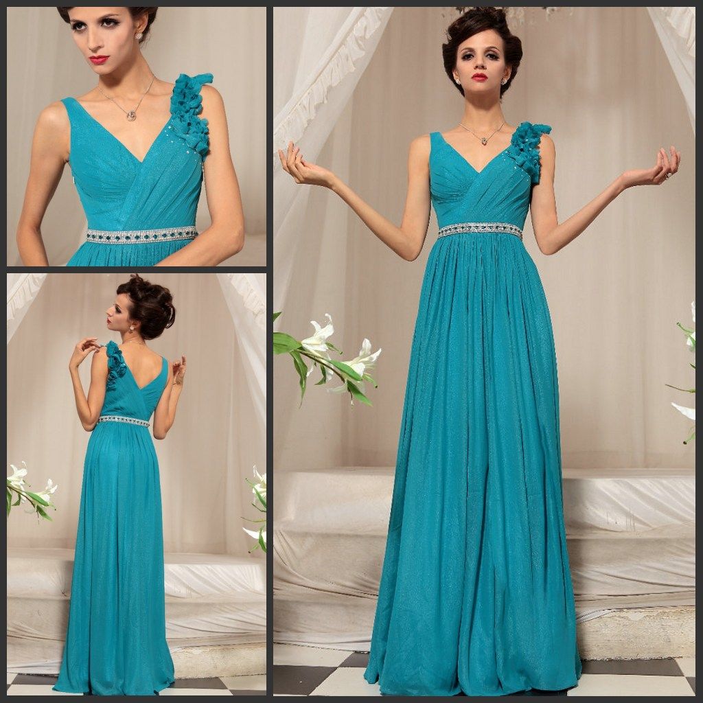 Best Selling V Neck Diamond Belt Chiffon Aqua Prom Dress Evening Dress