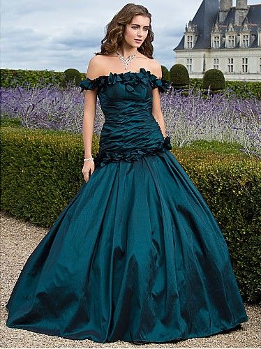 green off the shoulder ball gown