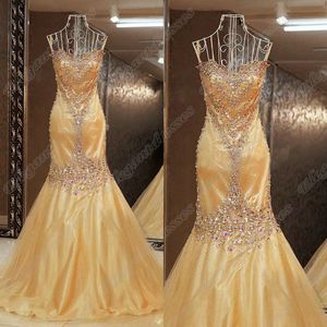 Val strapless gouden kleur zeemeermin kristallen kralen glanzende avondjurk op maat gemaakte pageant jurk EDA056